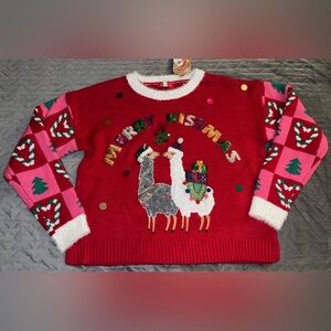 🦙 Merry Kissmas 🎅 Festive Red Llama Holiday Sweater Christmas 🎄 Oversized Sz M